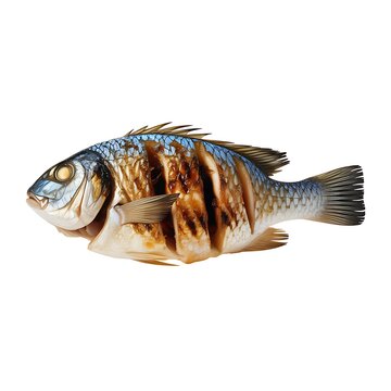 Grilled whole fish with charred score marks isolated on a clean white background for culinary menu design