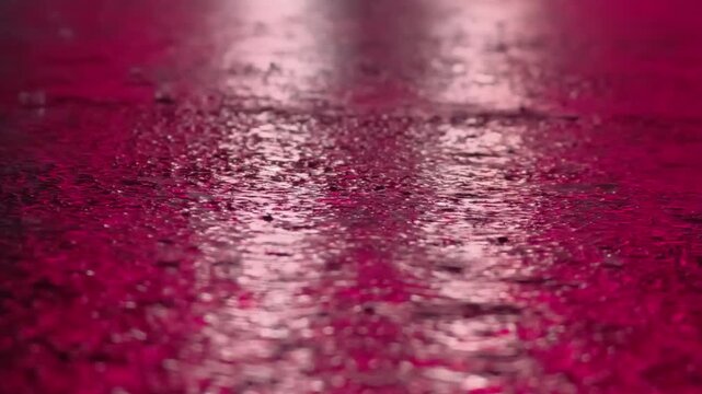 夜の都市部のアスファルトに雨が降る様子