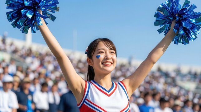 A cheerleader wearing a red and blue lined costume performing at a stadium