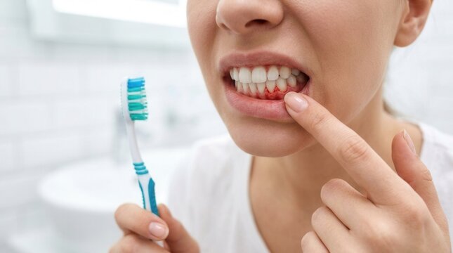 Gingivitis symptoms and oral hygiene problems: young woman pointing at bleeding gums during her morning routine.