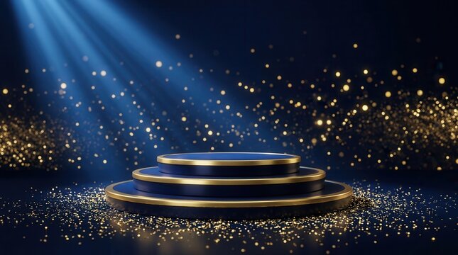 Realistic 3D abstract background for a faceless award ceremony with a dark blue stage, golden spotlight lines, and defocused glitter texture.