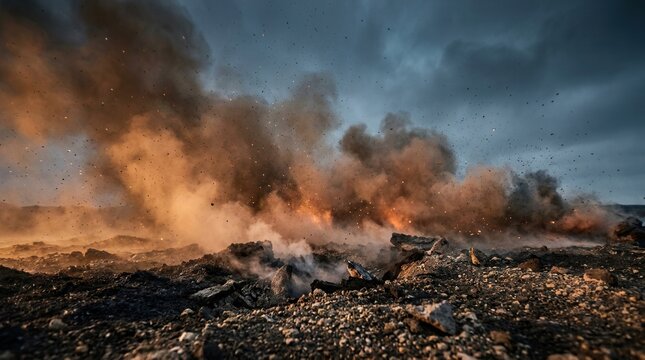 War game design backdrop featuring fire sparks, noise, and debris from a military operation or catastrophe.