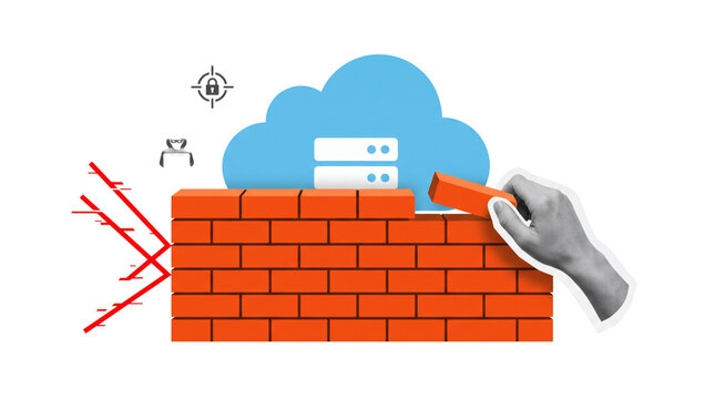 Composition of grayscale hand pointing at a blue cloud protected by a red brick firewall that blocks incoming red lightning symbols, for cloud firewall, isolated on a transparent background.