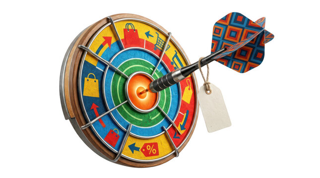 Dart hitting the center of a colorful marketing target with shopping icons and blank price tag transparent background