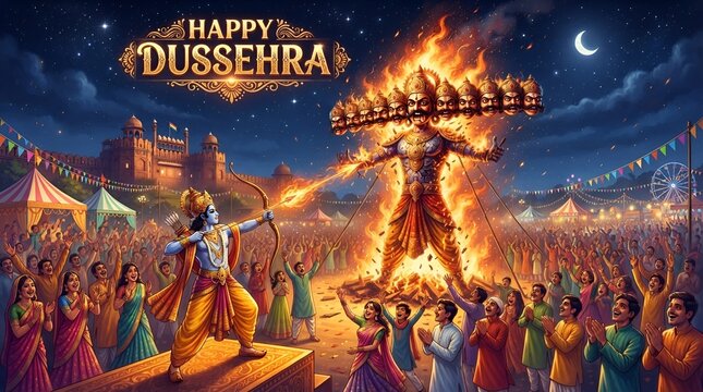  vibrant illustration depicts the hindu festival dussehra with ram shooting an arrow at the effigy of ravana amidst