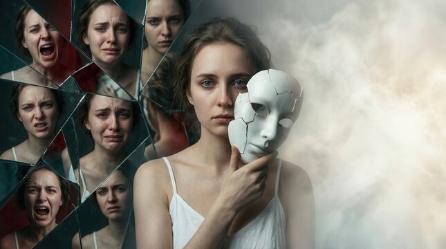 A banner with copy space featuring a woman holding a broken mask and shattered glass reflections of multiple emotional states