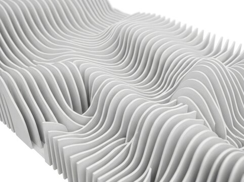 Abstract parametric architectural model with flowing wavy white layers isolated on white background