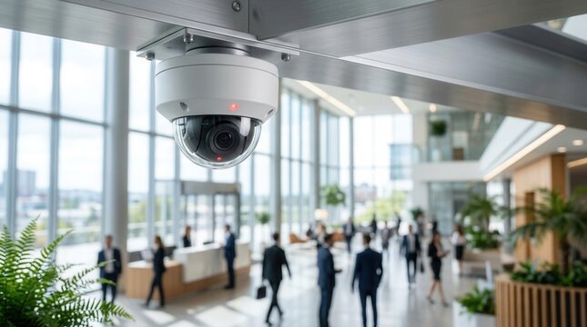 A corporate office lobby with a modern white security camera mounted on the ceiling.