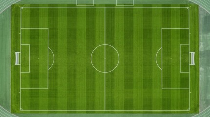 Obraz premium Lush green grass texture and marked lines on a soccer field aerial view