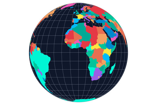 A colourful world globe depicts continents and oceans with a grid overlay on a white background. Geography cartography: Africa, America, Asia, Australia, Europe, Oceania, political