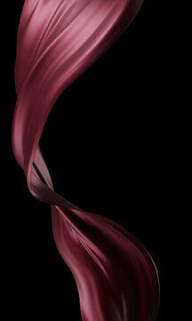 Abstract flowing burgundy silk fabric wave isolated on black background with copy space 3D render