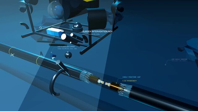 Subsea intervention ROV repairing damaged underwater fiber optic cable, deep sea autonomous vehicle splicing broken internet data trunk with technical HUD graphics overlay