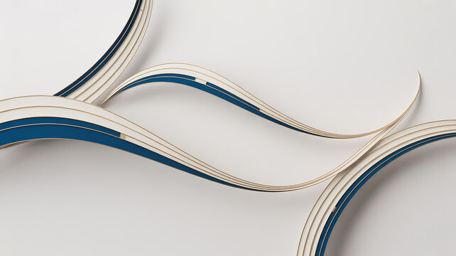 Abstract flowing wave shapes with layered dark blue and beige ribbons creating a circular motion on a light background