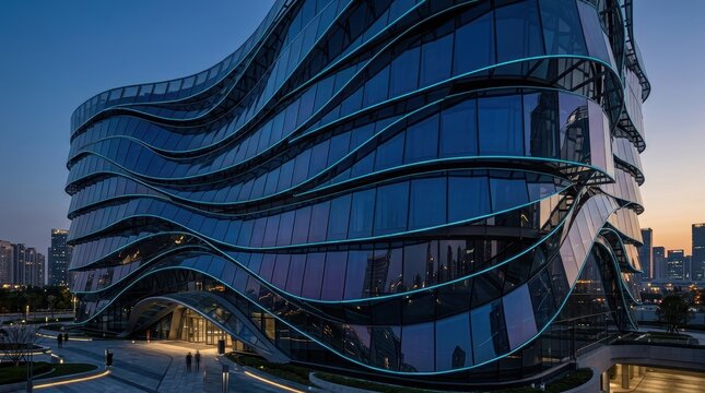 Modern glass office building with wavy architectural design and blue led lighting at dusk in a contemporary urban city landscape
