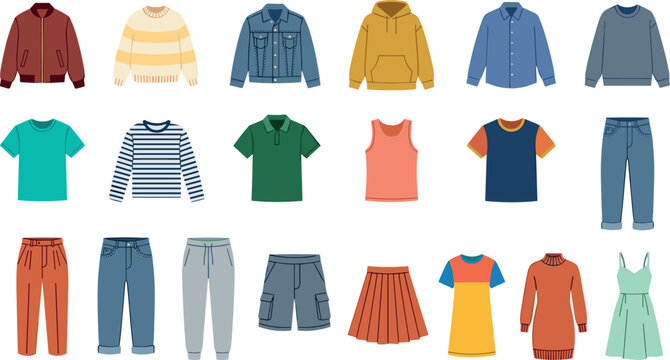 Set of various casual clothing items including shirts, pants, jackets, sweaters, and dresses for men and women