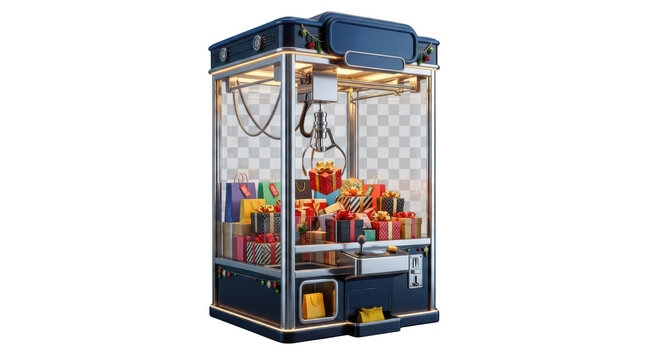 Isolated christmas claw crane machine game filled with colorful gift boxes and presents transparent background