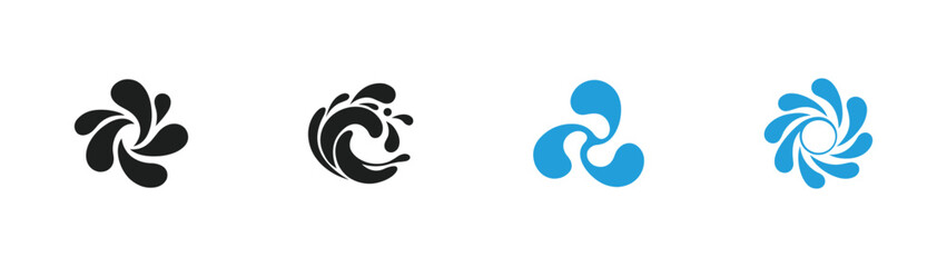 Fototapeta premium Water splash wave and dynamic spiral logo icons set featuring ocean droplet propeller and swirl vortex shapes