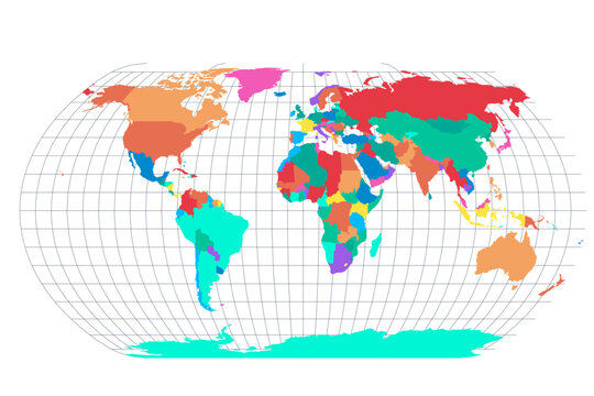 A colorful political map globe depicts continents and countries with distinct hues and gridlines cartography geography international landmasses nations regions territories world atlas boundaries, deta
