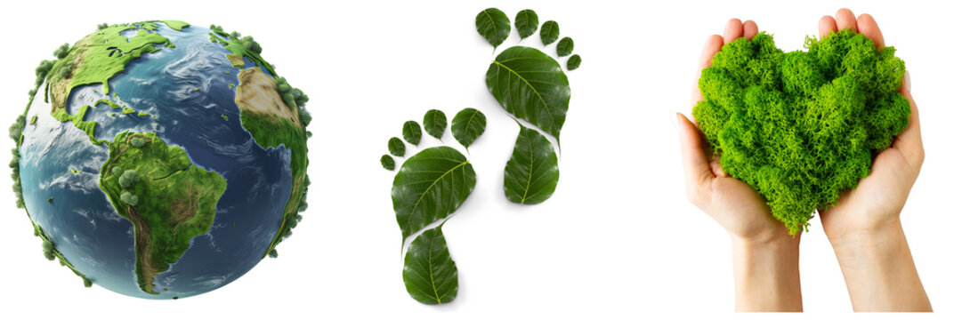 Collage of Earth with trees, leaf footprints, and hands holding green moss in heart shape
