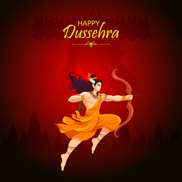 Happy Dussehra Festival Poster with Lord Rama and Traditional Indian Celebration Design