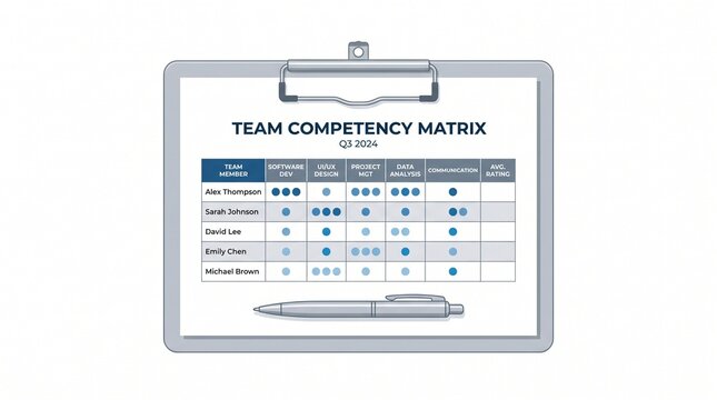Professional illustration of a Team Competency Matrix on a clipboard, showing employee skill levels and performance assessment for business management and human resources planning.