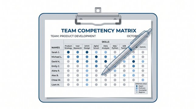 Team Competency Matrix Skill Assessment Illustration on a Clipboard for Product Development and Human Resources Management