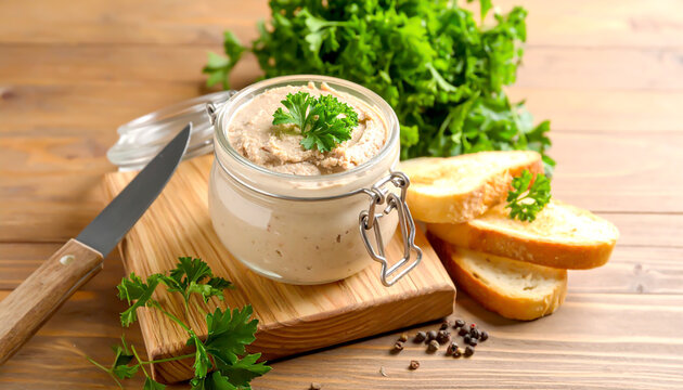 W&uuml;rzige Pastete im Glas mit ger&ouml;stetem Brot und Petersilie auf Holzbrett	