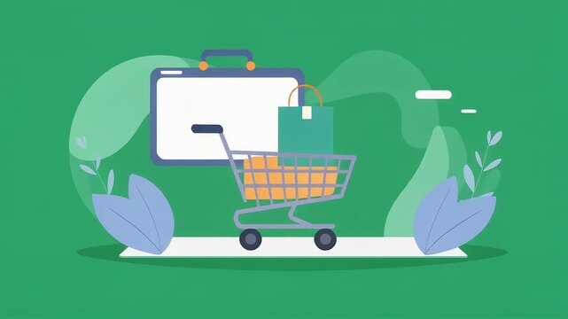 Shopping cart animation with digital items appearing on a screen for ecommerce marketing project in a smooth vector motion style