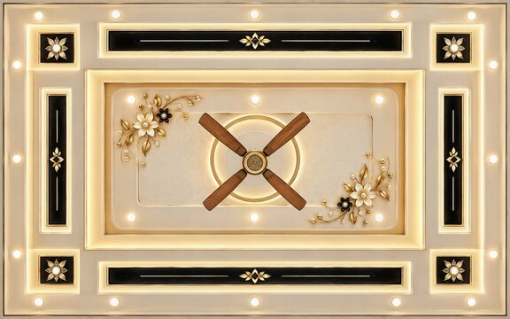 Ornate Luxury 3D Ceiling Wallpaper Mural with Symmetrical Fan Design and Lights