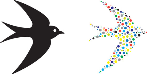 Fototapeta premium Swallow bird icon set in black silhouette and mosaic dot styles for nature designs and spring concepts