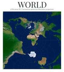 Obraz premium World Map. Transverse spherical Mercator projection. High-detail physical map of Earth. UTM zone 33, conformal cylindrical transverse projection.