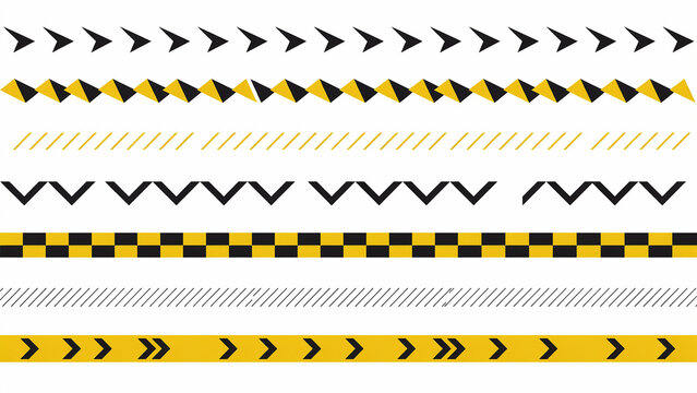 Collection of six horizontal hazard warning stripes and caution tape patterns in black and yellow on white background