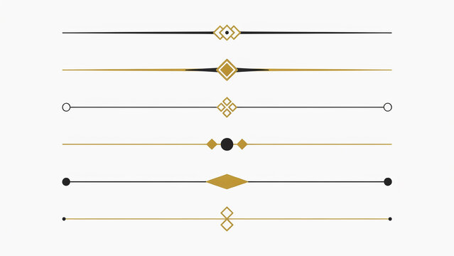 Collection of six horizontal line dividers with gold and black geometric motifs isolated on a white background