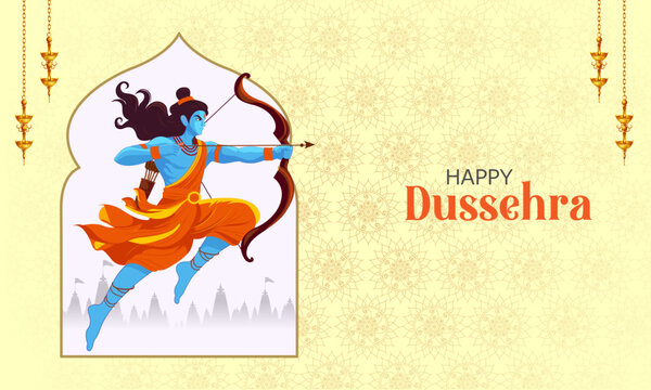 Happy Dussehra Festival Poster with Lord Rama and Traditional Indian Celebration Design