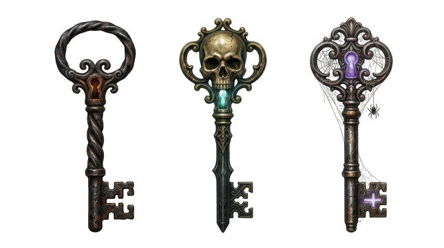 Set of three ornate vintage fantasy metal keys with intricate skull and spiderweb designs on a white background transparent background