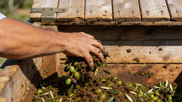 A person is gathering agricultural waste from a container on a farm