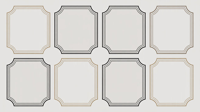 Eight square frames with rounded corners and triple line borders in black and gold on a light gray background