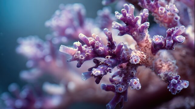 Close-up of vibrant purple coral. Intricate details showcase a captivating underwater scene, highlighting marine life and ocean beauty