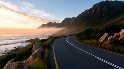 Obraz premium A winding coastal road curves along the ocean with rugged mountains rising in the background under a soft sunrise sky