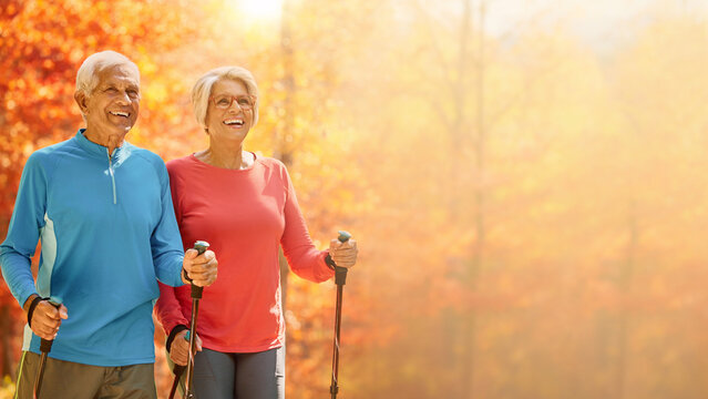 Active senior couple nordic walking on trail with blurred sunlit forest background banner.