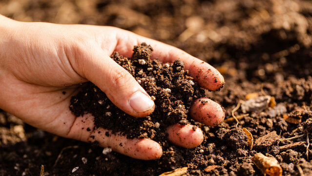 Hand holding soil rich in nutrients from agricultural waste and biogas processes