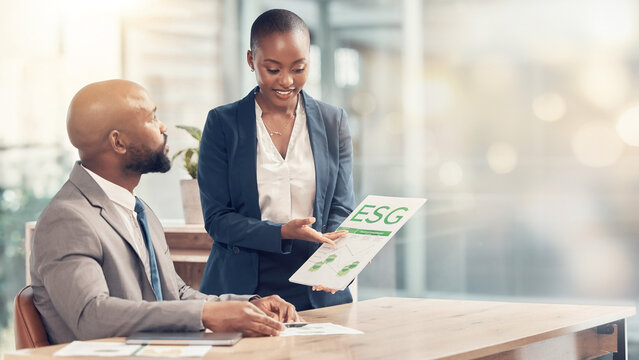 Business consultant explaining ESG sustainability report to client with blurred office background banner.