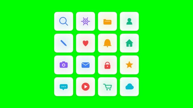 Collection of colorful flat UI icons on green screen for app interface and motion video rendering projects