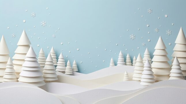 Papercut winter forest with snowdrifts under a soft blue sky