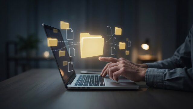 Person using a laptop computer with a digital holographic interface showing yellow file folders and data transfer floating above the keyboard