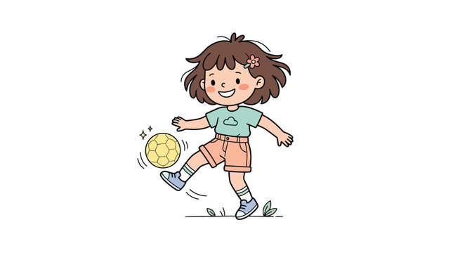 Cartoon girl playing with ball outdoor vector illustration