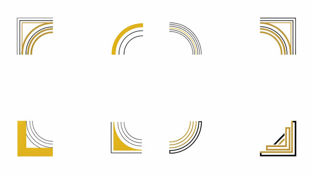 Set of eight decorative corner frames with gold and black geometric line patterns on a white background isolated
