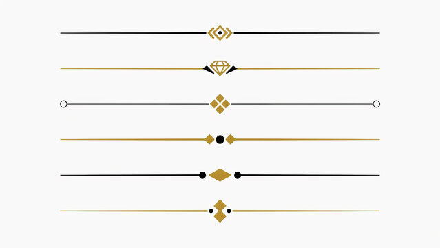 Set of six horizontal decorative line dividers with gold and black geometric details isolated on a white background