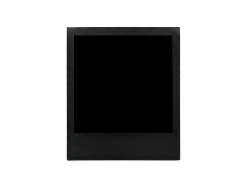 Sleek black polaroid photo frame with textured border finish isolated on transparent surface.