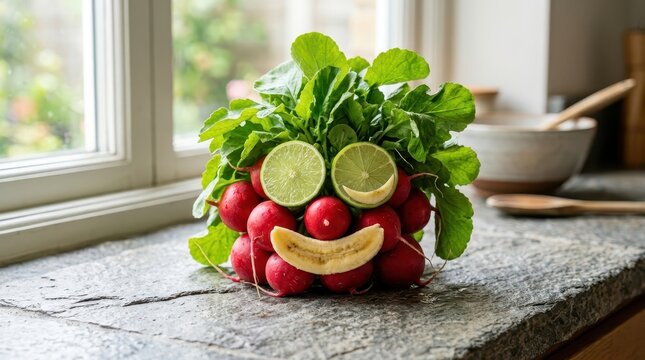 Fresh green apples and red tomatoes on rustic table.